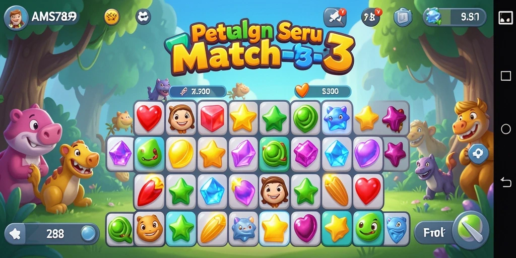 Tangkapan layar AMS789 menampilkan gameplay Match-3 yang menarik dan penuh warna.