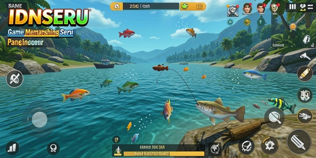 Tampilan gameplay IDNSERU yang menakjubkan saat memancing.