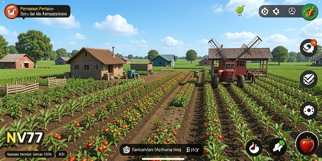 Tampilan gameplay <strong>NV77</strong> dengan ladang yang luas dan tanaman beragam.