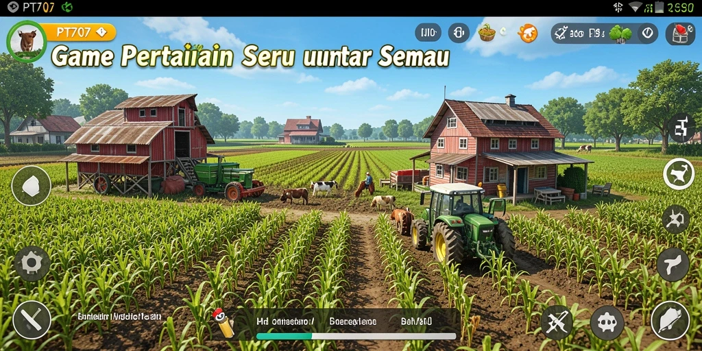 Screenshot gameplay PT707 menampilkan ladang yang subur dan hewan ternak yang sehat.