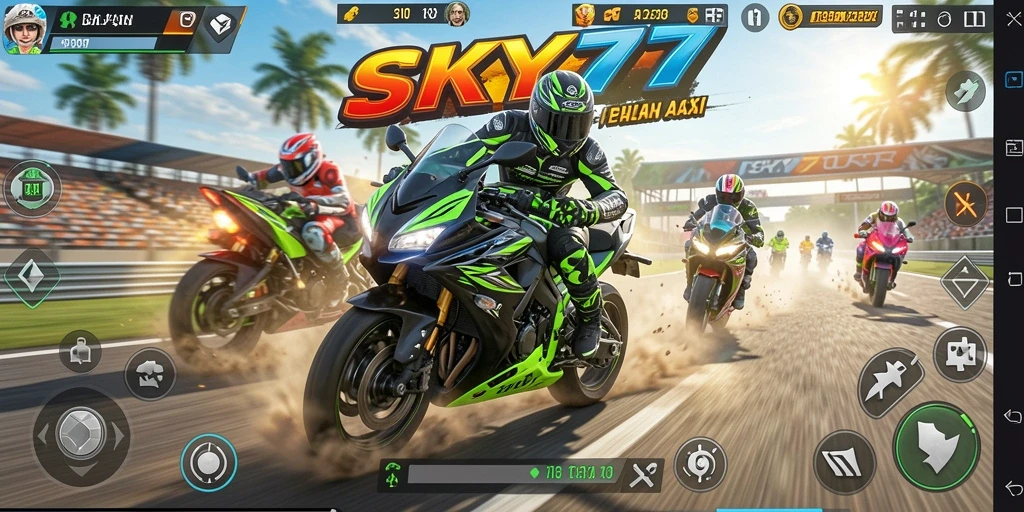 Tangkapan layar gameplay <strong>SKY77</strong> yang penuh aksi dan balapan motor yang mendebarkan.