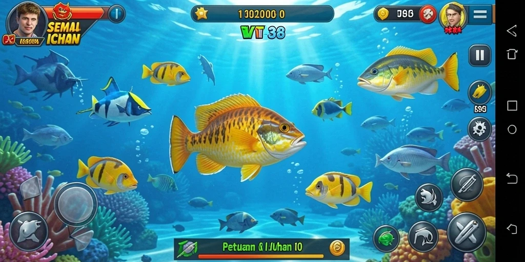 Screenshot gameplay VT38 yang menampilkan aksi seru menangkap ikan.